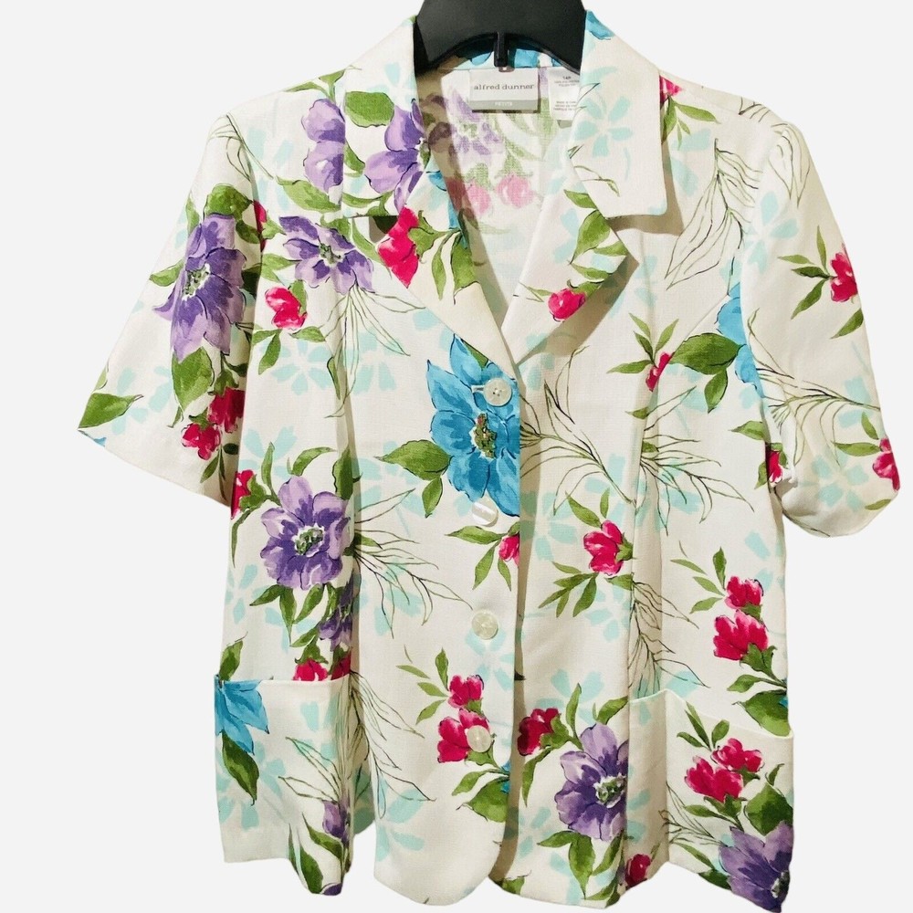Petite Short Sleeve 4 Button White Floral Blazer Alfred Dunner NWOT Sz 14P